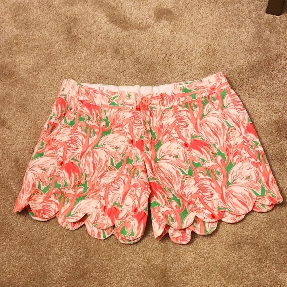 Lilly Pulitzer "Pink Colony" Buttercup Scalloped Shorts w/ Flamingos Size 000